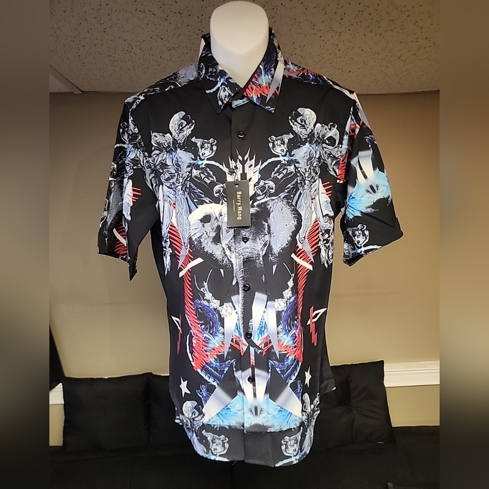 Barry.Wang Men Shirts Short Sleeve Cotton Hawaiian Beach Shirts Summer Designer